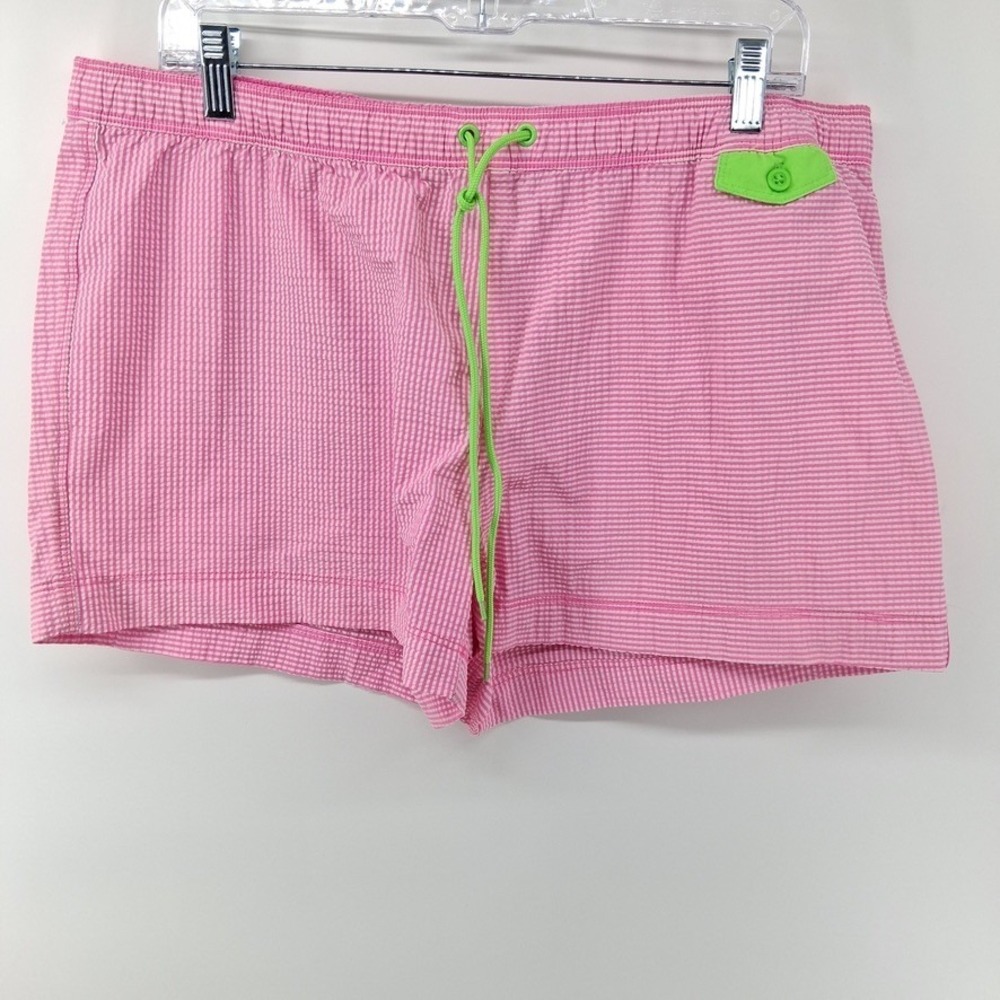 Vineyard Vines Shorts Mens L Pink Seersucker Swim Striped Trim Lime Green Whale